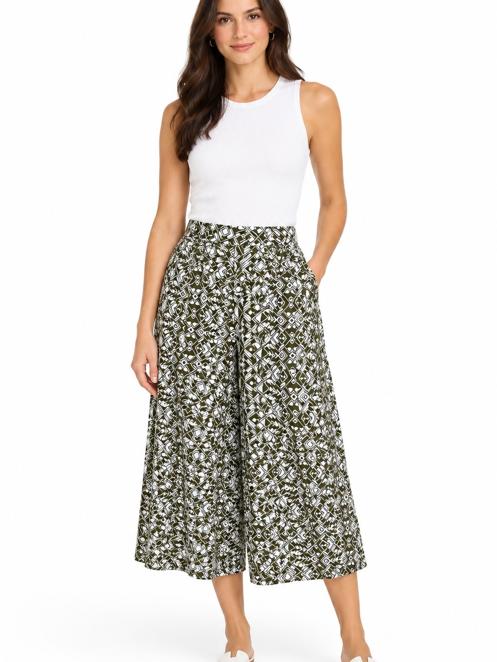 Suzanne Grae Olive Green Boho Geometric Wide Leg Culottes Pants, Size 14